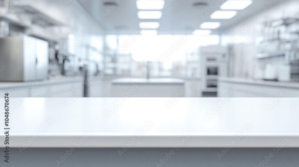 Wall mural empty white laboratory table workspace with clear natural light blurred background with modern inter