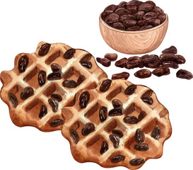 Hand-drawn watercolor illustration of waffles topped with raisins.