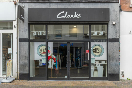 Clarks shoe store logo above the shop entrance. Utrecht, the Netherlands. 20 June 2024. 
