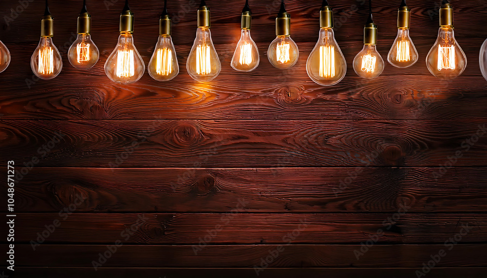 Aufkleber dark wood background lit by retro light bulbs in empty space for display purposes only._1(163)