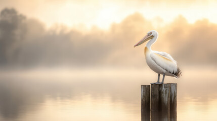 serene white pelican stands gracefully on wooden post, surrounded by misty landscape at dawn. soft light creates tranquil atmosphere, highlighting beauty of nature