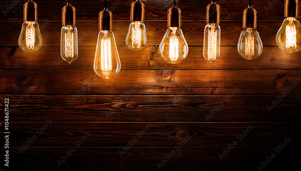 Poster dark wood background lit by retro light bulbs in empty space for display purposes only._1(162)
