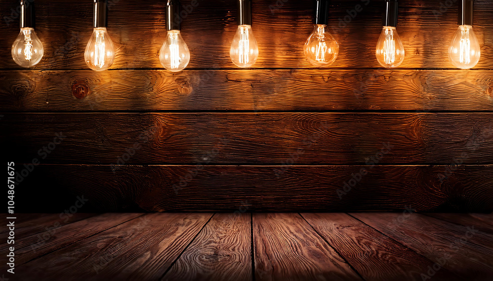 Poster dark wood background lit by retro light bulbs in empty space for display purposes only._1(161)