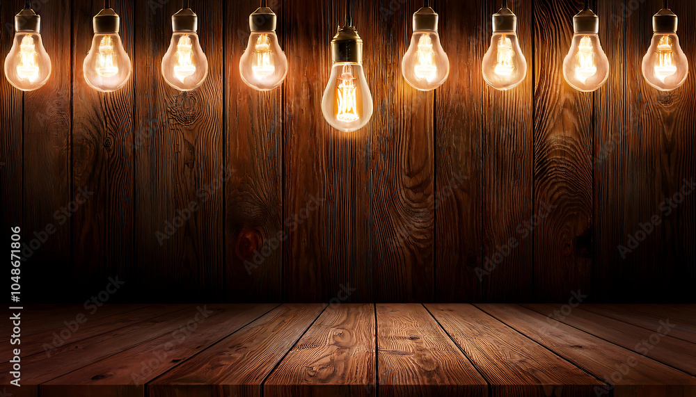Poster dark wood background lit by retro light bulbs in empty space for display purposes only._1(160)