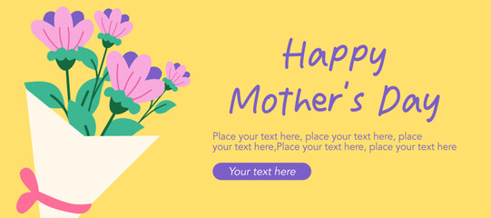 Fototapeta premium Happy Mothers Day, Womens Day and birthday card simple illustration with flowers, bouquet, hand drawn floral art on yellow background for horizontal posters, web banners, covers, and social media