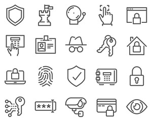 Simple security vector line icon set. Contains icons such as fingerprint, electronic key, spy, password, alarm clock and more. Editable stroke.