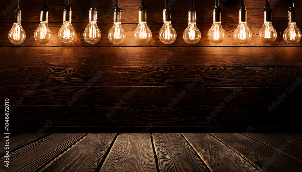 Poster dark wood background lit by retro light bulbs in empty space for display purposes only._1(159)