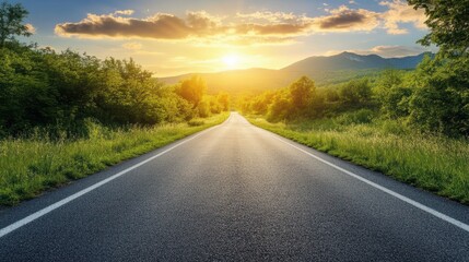 Fototapeta premium Empty long mountain road to the horizon on a sunny summer day at bright sunset