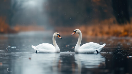 Elegant swans gracefully swim together in serene, misty lake, surrounded by soft autumn colors. Their tranquil presence evokes sense of peace and beauty in nature