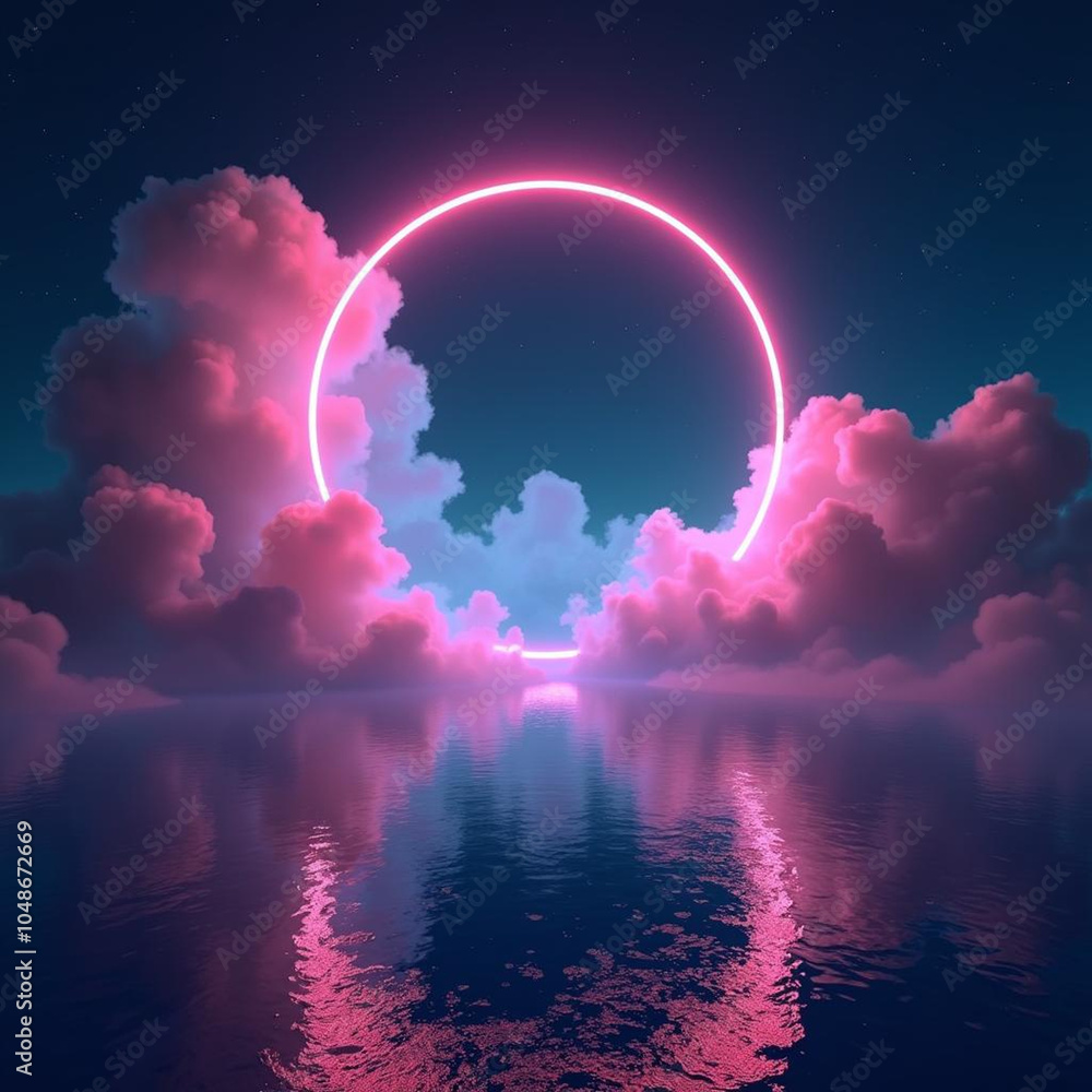 Canvas Prints futuristic abstract empty scene with smoke and neon circle, reflection in water, neon light. night v