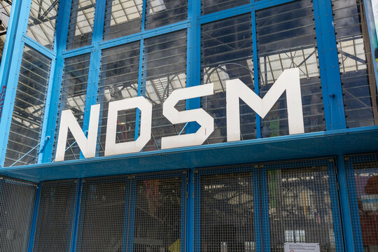 Logo NDSM. For the former shipyard on this site, see Nederlandsche Dok en Scheepsbouw Maatschappij. Amsterdam, the Netherlands. 15 June 2024. 