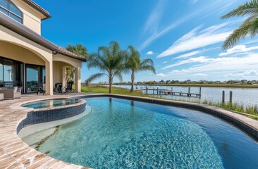 Fototapeta premium a beautiful modern home with a large pool, patio area, overlooking the water in Palm Beach, Florida, during the daytime with a blue sky