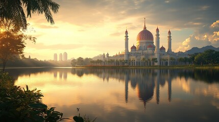 Obraz premium Mosque Reflection in a Calm Lake at Sunrise