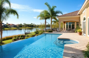 Fototapeta premium a beautiful modern home with a large pool, patio area, overlooking the water in Palm Beach, Florida, during the daytime with a blue sky
