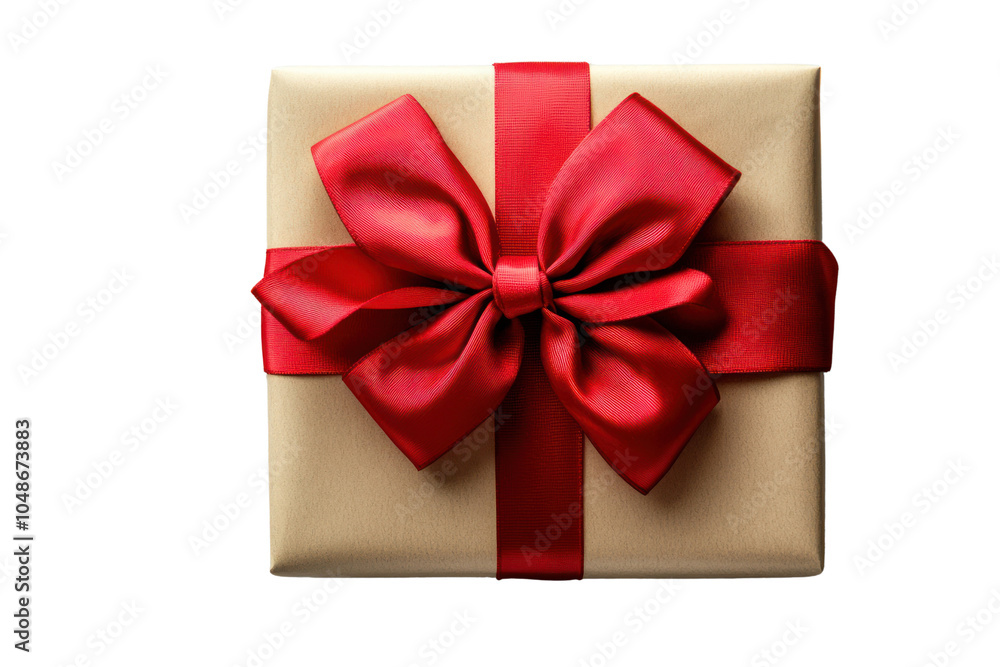 Poster a neatly wrapped gift box with a shiny red bow, viewed from above on a light grey surface. the contr