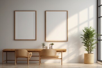 Blank rectangle frame mockup on the wall. Template for painting or poster. Living room interior design. View of modern style interior with artwork mock-up