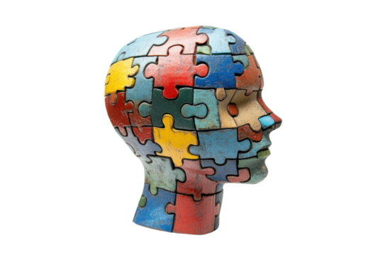 A human head made of colorful puzzle pieces, symbolizing the complexity of mental health. Each piece represents different aspects of the mind, with vibrant colors like blue, red, yellow, and green.