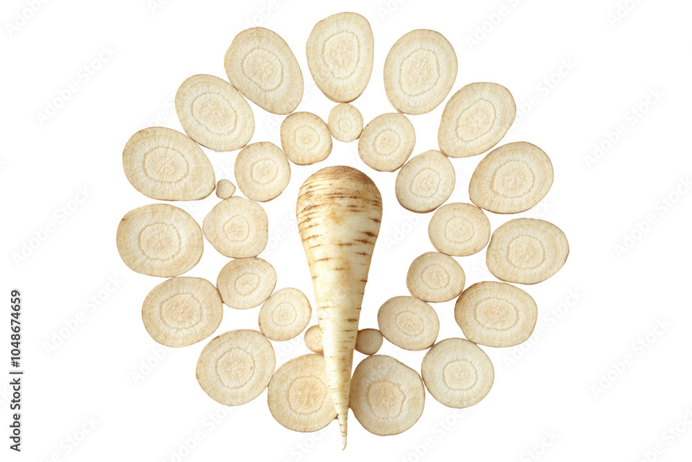 Poster a group of parsnip slices arranged in a circular pattern, showcasing their uniform shape and light c