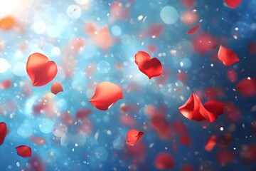Obraz premium Bright red confetti falling against a blurred blue background