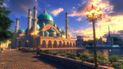 Obraz premium Ornate Mosque by the Riverside at Sunset with Luminous Lanterns