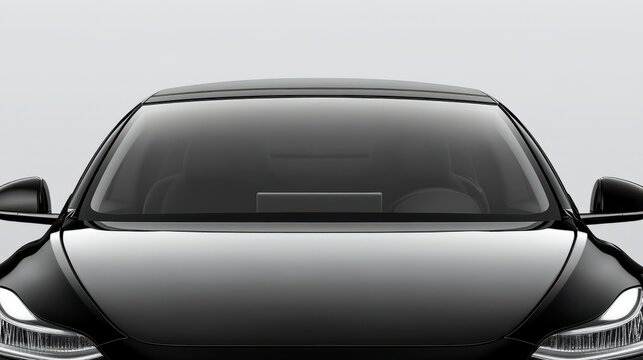 Front windshield of a black car clean and clear close up outdoors, offering a broad canvas for mockup