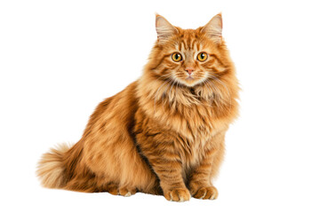 A fluffy adult ginger cat, with a confident posture, sits in a relaxed manner, looking directly at the camera. Its vivid orange fur is complemented by its striking yellow eyes
