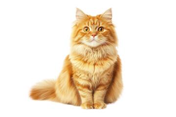 A fluffy adult ginger cat, with a confident posture, sits in a relaxed manner, looking directly at the camera. Its vivid orange fur is complemented by its striking yellow eyes