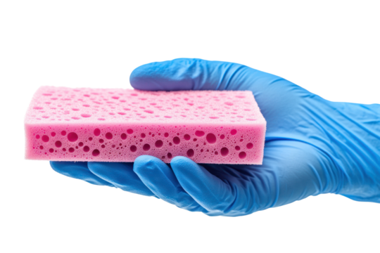 A female hand, gloved in blue rubber, gripping a pink sponge with a textured surface, demonstrating a cleaning motion as if scrubbing a surface.