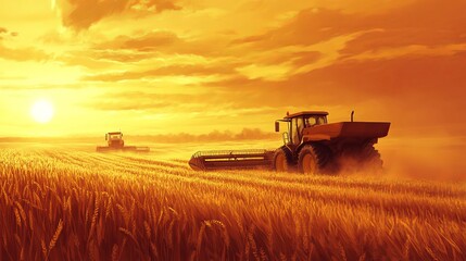 Fototapeta premium Combine harvester and tractor working together in a golden wheat field during harvest season, showcasing the beauty of agricultural machinery and the bounty of rural farming life