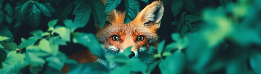 Fototapeta premium Vibrant red fox curiously peering through dense green foliage