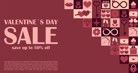 Valentines day Sale banner, flyer with symbols of holiday and love on geometric background. Romantic advertise of discounts and invitation for shopping. Vector illustration