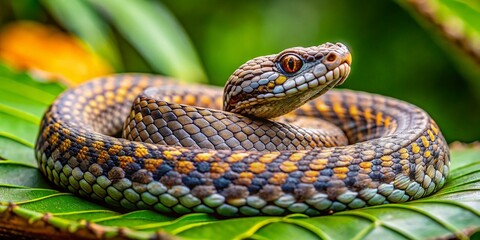 Fototapeta premium Stunning Macro Photography of Common Mock Viper on Green Leaf in Thung Salaeng Luang National Park, Thailand