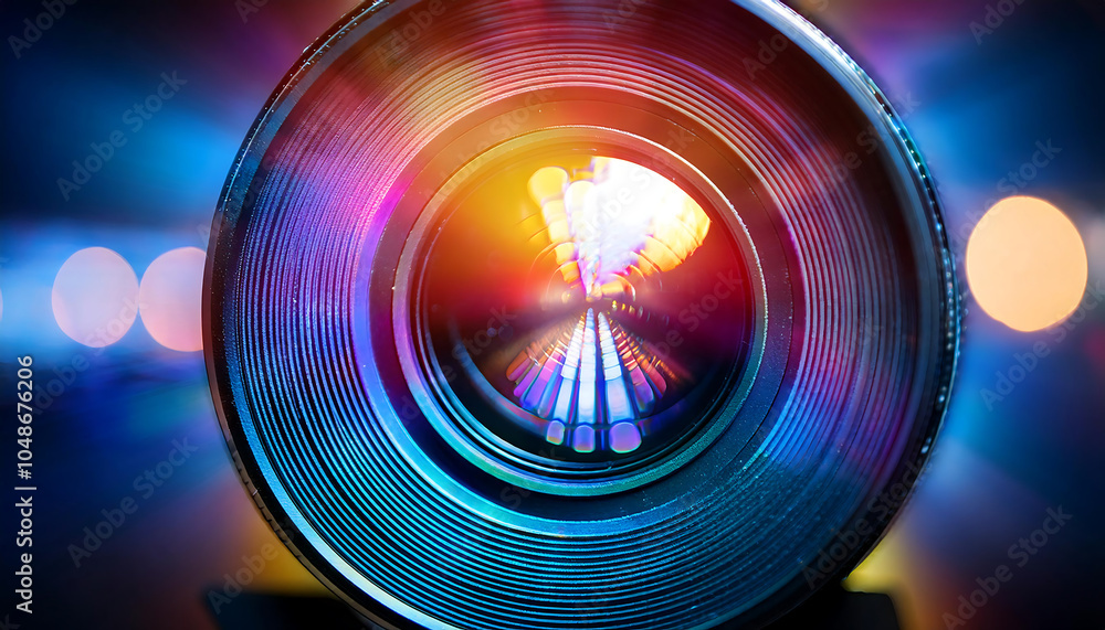 Poster colorful light glows through lens, creating an abstract effect with flashes of optic spotli_1(133)