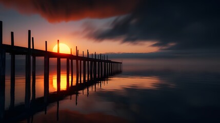 Obraz premium Silhouette of Pier at Sunset with Beautiful Reflections