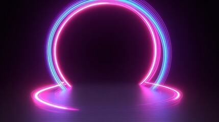 3D render, neon light circle frame on a black background. Abstract, futuristic glowing lines in the shape of a ring or portal. Neon pink and blue colors.