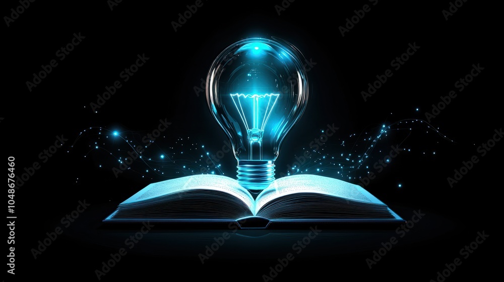 Poster glowing light bulb and book or text book with futuristic icon. self learning or education knowledge 