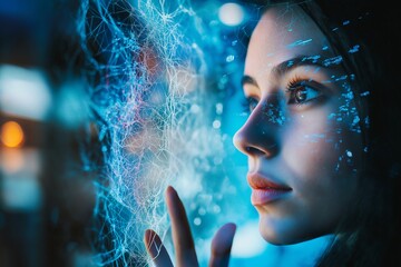 A futuristic scene of a woman's face interacting with digital elements, symbolizing the concept of innovation.