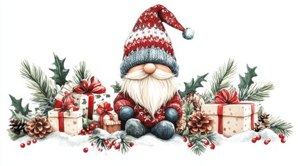  Merry Christmas, gnome with a long hat is holding gifts