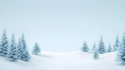 Fototapeta premium A snowy winter landscape featuring a decorated Christmas tree among fir trees, with a clear blue sky and frost-covered ground