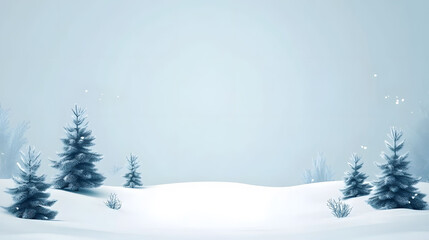 Fototapeta premium A snowy winter landscape featuring a decorated Christmas tree among fir trees, with a clear blue sky and frost-covered ground