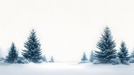 Fototapeta premium A snowy winter landscape featuring a decorated Christmas tree among fir trees, with a clear blue sky and frost-covered ground
