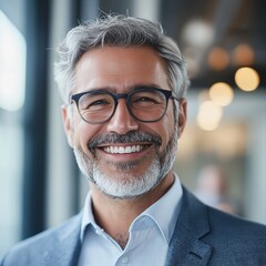 Obraz premium A man with glasses and a graying beard smiles broadly in a bright office environment, exuding warmth and friendliness.