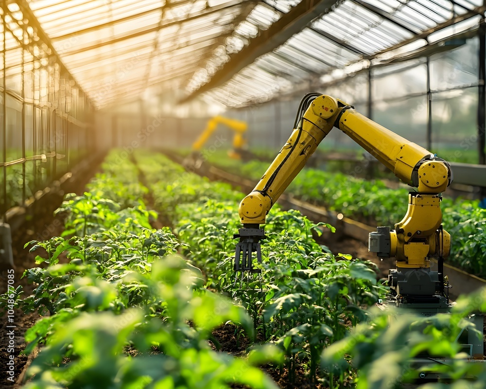 Poster automated greenhouse farming system with robotic arms efficiently managing crop growth and resource 
