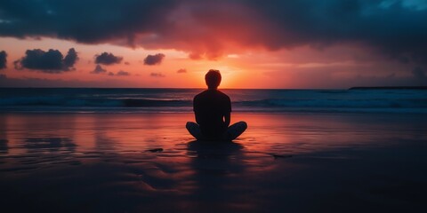 A person sits cross-legged on a sandy beach, meditating as the sky displays vibrant hues during a serene sunset.