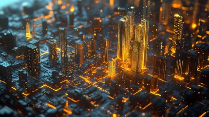 Illuminated Digital City Skyline with Data Visualization and Sustainable Resource Management
