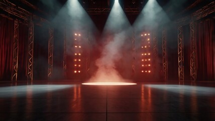 empty red backdrop with warm colored stage spotlights and smoke effects. generative ai
