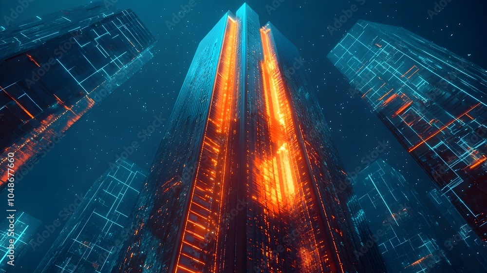 Poster futuristic skyscraper with ai powered energy management for sustainable power usage and sleek design