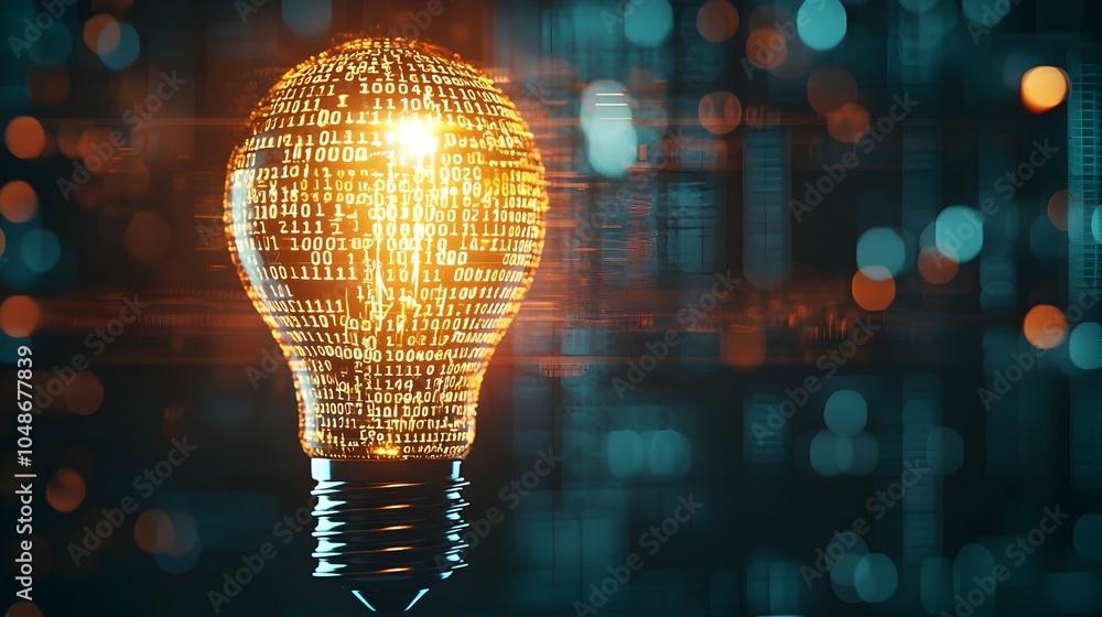 Poster glowing binary lightbulb symbolizing technological innovation and ideas