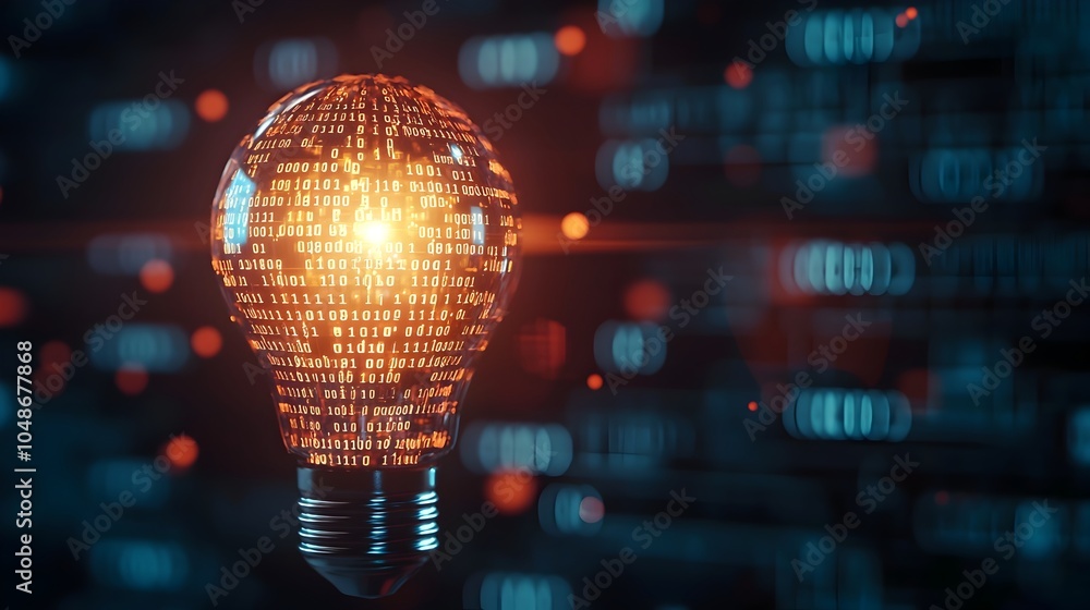 Poster glowing binary lightbulb symbolizing innovative technology concept