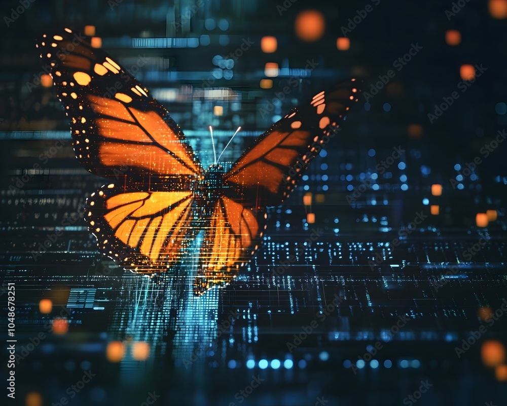 Poster digital butterfly emerging from a technological screen symbolizing transformation and the power of t